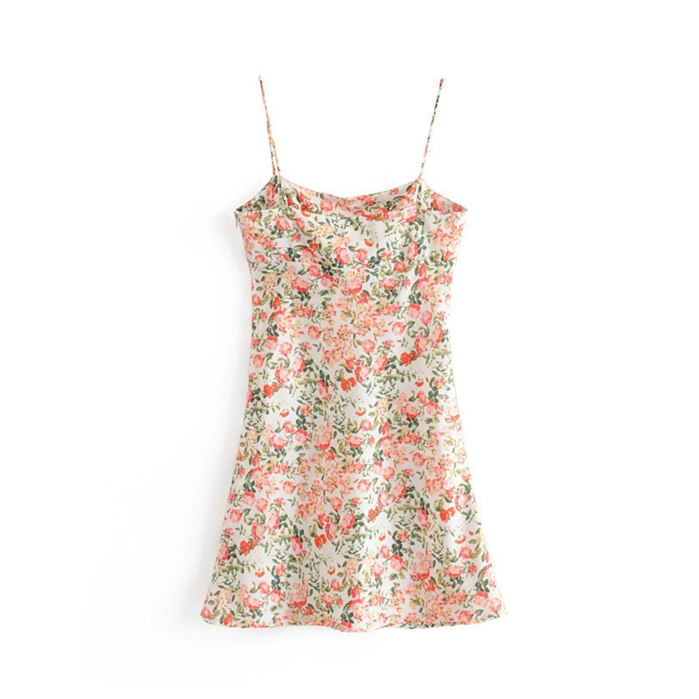 Red Flower Green Leaf Print Ruched Bust Short Spaghetti Strap Dress